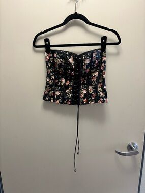 Papaya Black Floral Lace-Up Corset Top